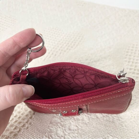 Fossil Red Leather Wristlet Clip In Pouch Bag Charm Minimalist - Picture 6 of 9